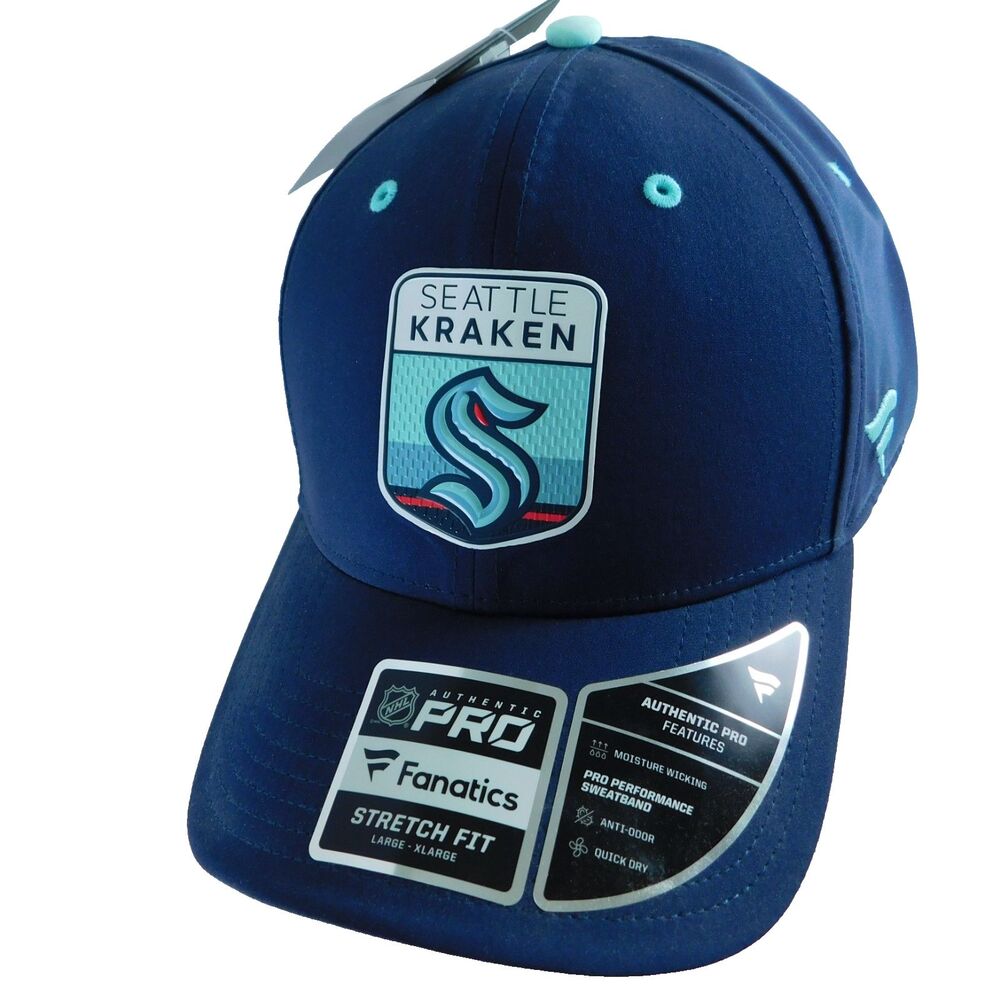 Seattle Kraken NHL Hat Hockey Flex Stretch Blue Aqua Logo L/XL Fanatics NEW NWT